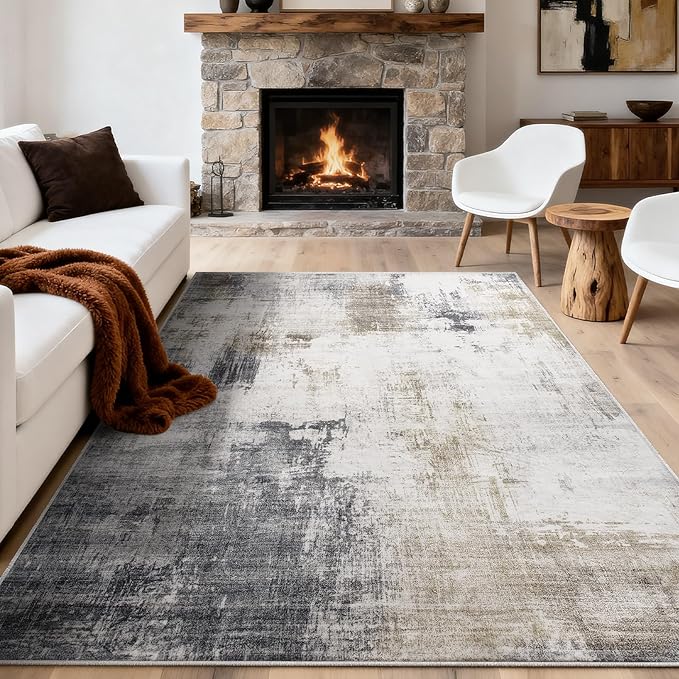 9x12 Washable Area Rug for Living Room Rug,Abstract Large Rugs for Bedroom Dining Room Farmhouse Nursery Home Office，Low Pile Stain & Slip Resistant Carpet -Gray Gold