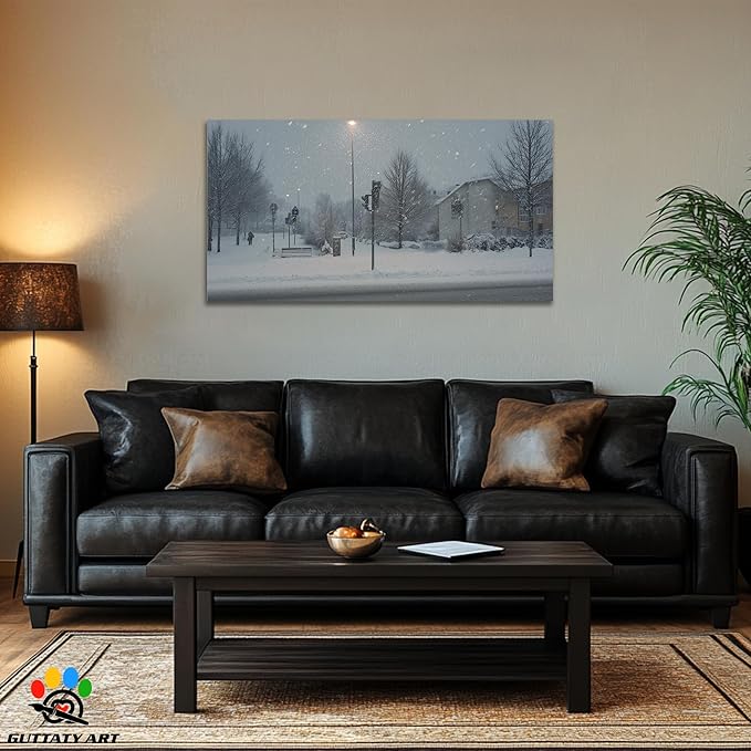 GUTTATY Christmas Winter Scene Canvas Wall Art, Snowy Street Canvas Prints, Tranquil Outdoor Winter Pictures Wall Decor, Seasonal Hanging Artwork for Living Room, Bedroom, Office, 24x12 Inch