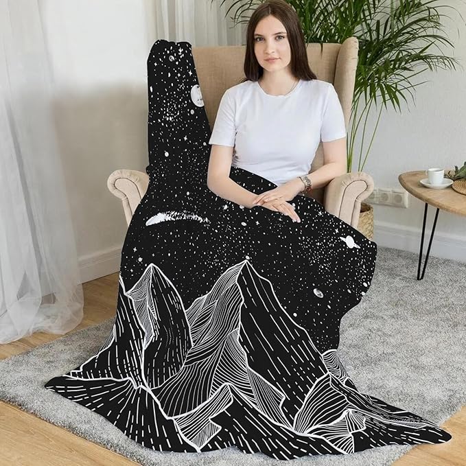 Neasow Black and White Fleece Throw Blanket, Starry Night Mountain Moon and Stars Nap Blankets Gift Sofa Bed Couch Chair or Dorm Throws 40×50 inches