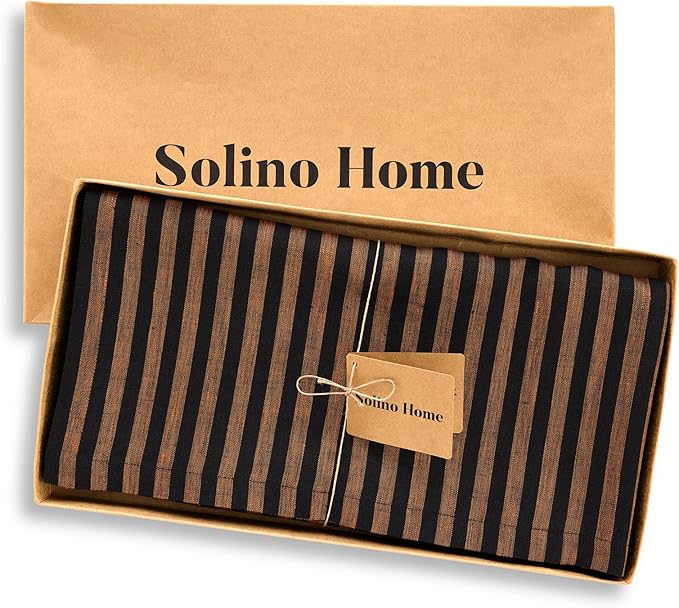 Solino Home Square Tablecloth 52 x 52 Inch - Amalfi Stripe, 100% Pure Linen Pumpkin and Black Table Throw - Machine Washable Tablecloth for Fall, Autumn, Thanksgiving