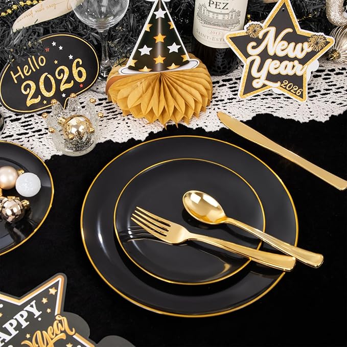 KIRE 350 PCS Plastic Dinnerware Set for 50 Guests - Black and Gold Plates 50 for Dinner 50 for Dessert & 50 Pre Rolled Napkins with Disposable Silverware 50 Cups for New Year/Banquet/Wedding