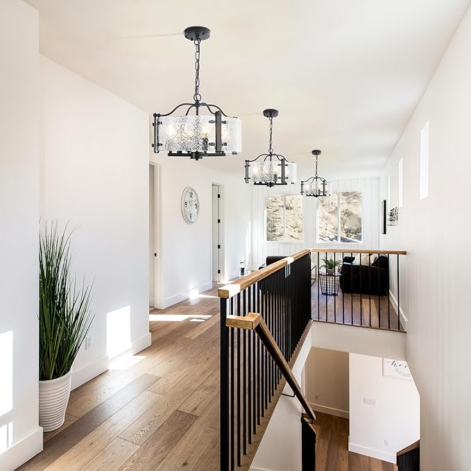 16.1" Black Glass Drum Chandelier - 4-Light Farmhouse Pendant Light Modern Round Ceiling Light Fixture with Adjustable Hanging Chain for Dining Room, Kitchen, Living Room, Foyer, Entryway