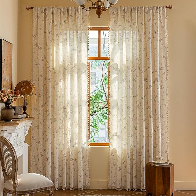 OYX Purple Boho Floral Curtains 63 Inch Length 2 Panels for Living Room, Bedroom Light Filtering Drapes, Farmhouse Country French Rustic Tassels Patterned Rod Pocket Aesthetic Decor Window Treatments