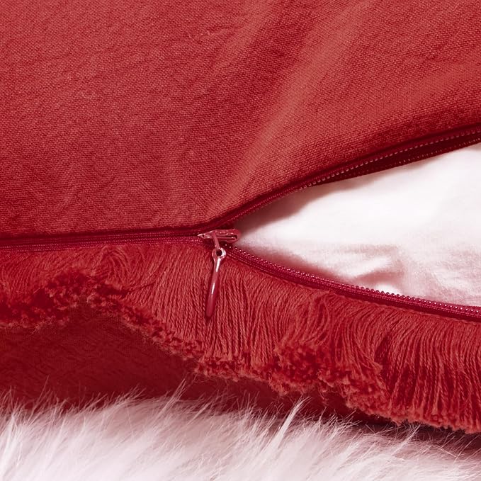 ZWJD Christmas Pillow Covers 20x20 Set of 2 Christmas Red Throw Pillow Covers with Fringe Chic Cotton Christmas Decorative Pillows Square Cushion Covers for Sofa Couch Bed Living Room Farmhouse Decor