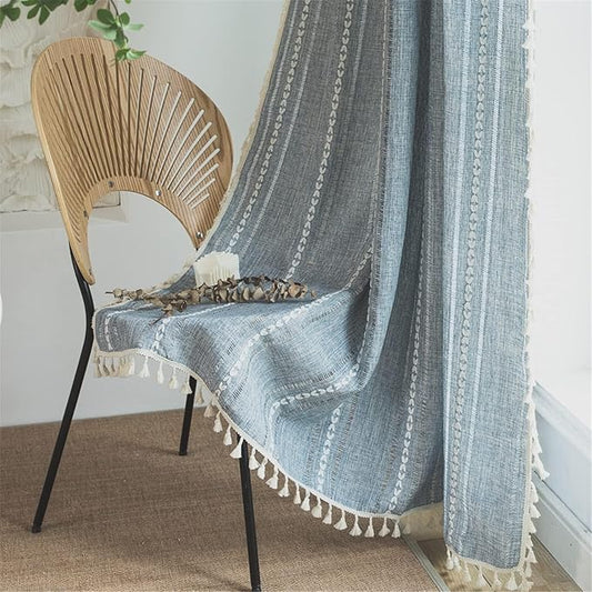 Sutuo Home Blue Boho Curtains 102 inches Long for Bedroom Living Room Dining Room, Semi Blackout Linen Farmhouse Tassels Window Treatment Bohemian Embroidery Drape, Rod Pocket 1 Panel 52" W x 102" L