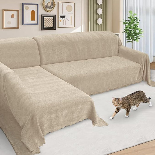 ALIECOM Sectional Couch Covers L Shape Sectional Sofa Cover for Dogs 2 Piece Thick Chenille L Shaped Couch Slipcover Blanket Chaise Pet Furniture Protector Washable (XX-Large, Light Khaki)