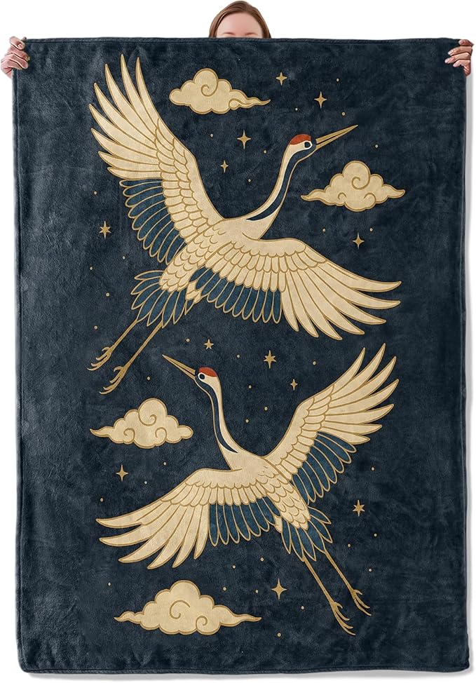 Elegant Crane Blanket Gifts for Women Girls Kids, Soft Warm Lightweight Flannel Cranes with Stars and Clouds Throw Blankets for Bedroom Living Room Home Sofa Home Camping Decor 60" x 80"