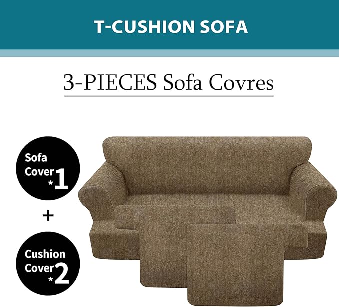 3 Piece T Cushion Sofa Slipcovers Stretch Couch Cover Furniture Covers with 2 Individual T Cushion Covers, Machine Washable for Living Room (Brown, 2 Cushions)