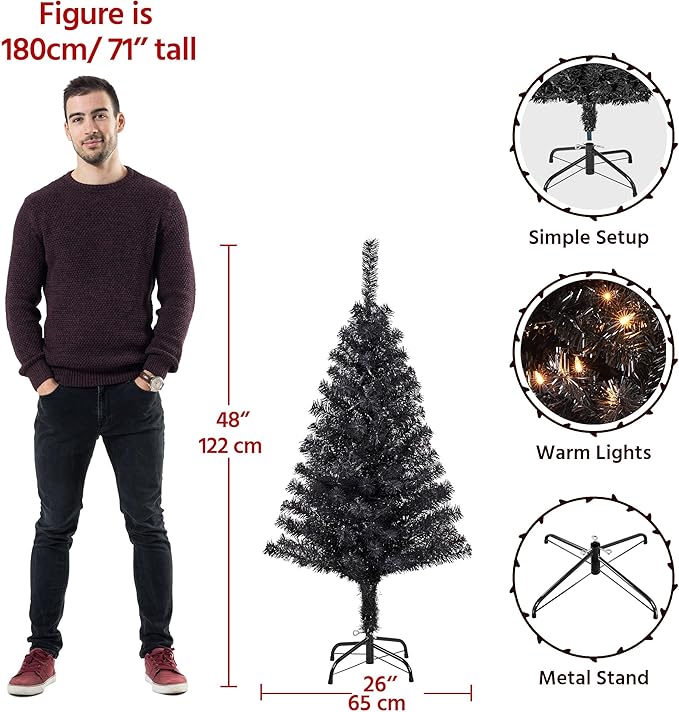 Yaheetech 4ft Pre-lit Halloween Black Spruce Artificial Hinged Christmas Pine Tree Prelighted Xmas Tree for Home Party Holiday Decoration with 70 Clear Warm White Lights and 110 Branch Tips, Black