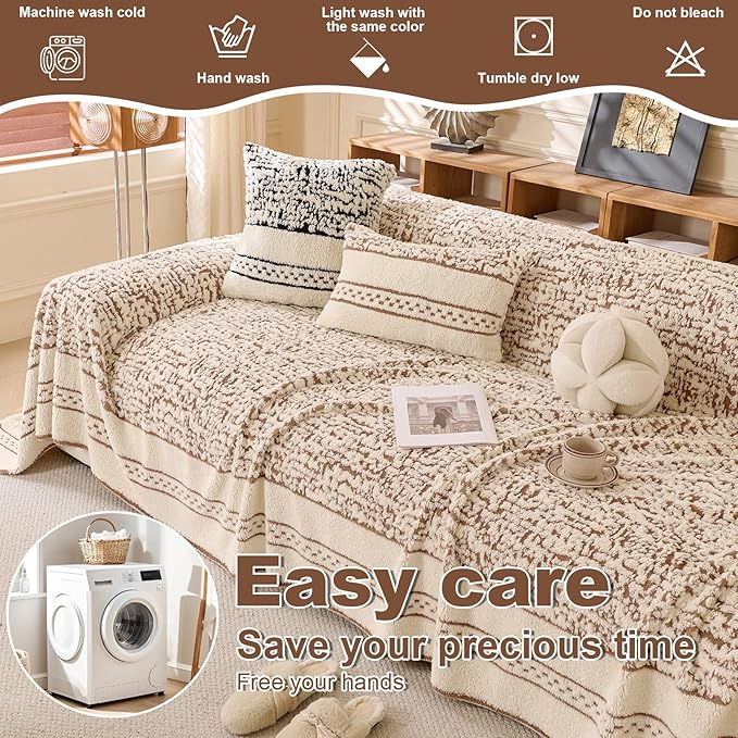 ROOMLIFE Thicked Striped Boho Khaki Couch Cover for 2-3 Cushion Sofa, Fuzzy Plush Warm Sofa Slipcovers Sectional Sofas Covers, Non Slip Washable Furniture Protector Soft with Tassel,Winter 71''X150”