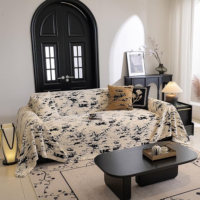 ROOMLIFE Striped Boho Black Couch Cover for 2-3 Cushion Sofa, Fuzzy Plush Warm Sofa Slipcovers Sectional Sofas Covers, Non Slip Washable Furniture Protector Soft with Tassel,Winter 71''X118”