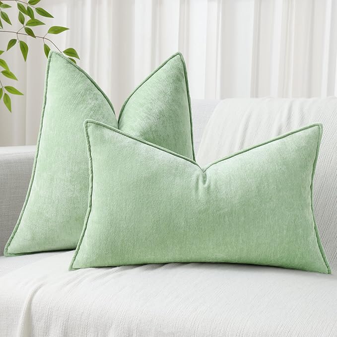 decorUhome Christmas Couch Throw Pillow Covers 20x20 Set of 2, Decorative Soft Euro Velvet Neutral Chenille Pillow Covers with Elegant Design for Sofa Bed Living Room Home Decor, Sage Green