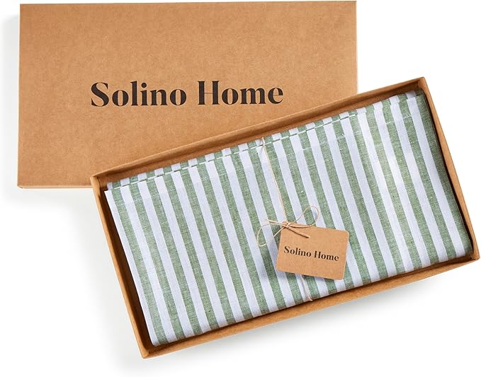 Solino Home Linen Tablecloth 52 x 52 Inch - Amalfi Stripe, 100% Pure Linen Green and White Square Tablecloth - Machine Washable Table Throw for Fall, Autumn, Christmas, Holiday