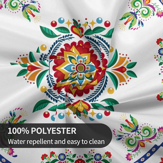 Mexican Round Tablecloth, Traditional Floral Bird Dia De Los Muertos Azulejo Mosaic Mexico Water Resisitant Table Cover for Dining Kitchen Living Room Home Party Holiday Decor 70 inch Round