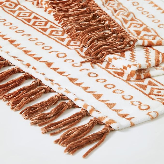 CASAAGUSTO Boho Throw Blanket - Terrcotta Decorative Blankets with Tassel, Printed Flannel Bohemian Blanket for Chair, Bed, Sofa, Couch(50 * 60, Terrcotta)