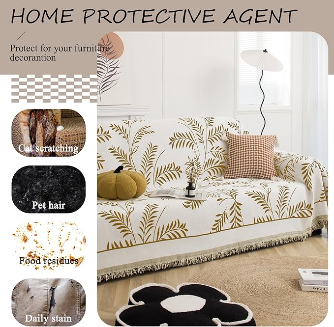 ALIECOM Boho Couch Covers for Sectional Sofa 2 Piece Thick Chenille L Shape Sofa Cover Washable Reversible Couch Cover Blanket Sofa Slipcovers Pet Dog Furniture Protector (XX-Large, Leaves Coffee)