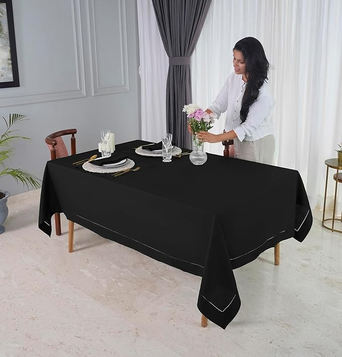 D'Moksha Homes Black Linen Tablecloth 60 x 156 Inch - 100% Pure Linen Black Tablecloth for Rectangle Tables - Classic Hemstitch, Machine Washable Table Cloth for Fall, Thanksgiving, Holiday