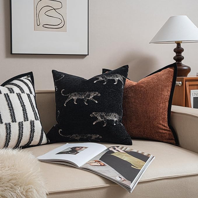 New 18x18'' inches Throw Pillow Cushion Covers - Black Color with Chenille Jacquard Embroidery Golden Leopard Luxury Modern Style Couch Sofa Bed Pillow Cover for Living Room Bedroom