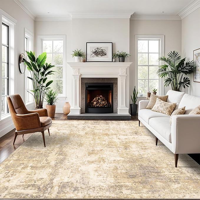 8x10 Modern Abstract Rug Washable Area Rugs for Living Room Bedroom Dining Room Non-Slip Low Pile Neutral Large Rug Soft Indoor Floor Carpet, Gold
