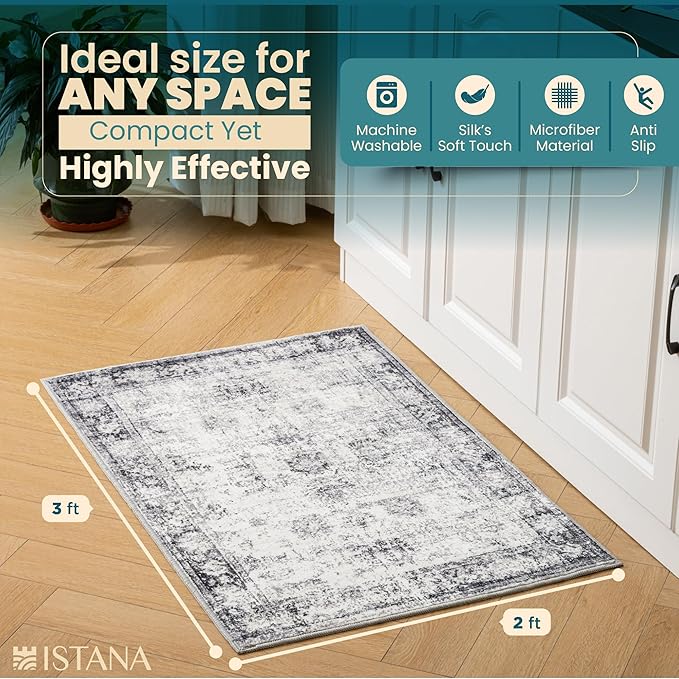 Istana Rug 2x3 - White Cream/Grey Area Rugs - Foldable Non-Shedding Washable Living Room Rug - Anti-Slip Rubber Backed Rugs 2x3 w/Soft Microfiber