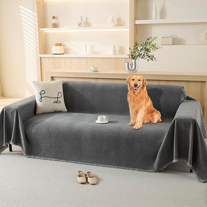 100% Waterproof Couch Cover for Pets Washable Sofa Covers for 3-4 Cushion Couch Sofa SlipCover for Dogs Pet-Friendly Furniture Protector for Living Room with Tassel(71" x 134", Gray)