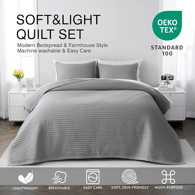 Max Oversized California King Quilt Set – 112"x106" Soft Washed 3-Layer Lightweight Bedspread with Multi-Lock Quilting, Minimalist Nordic Bedding, All-Season Quilt Set (1 Quilt + 2 Pillow Shams) Grey