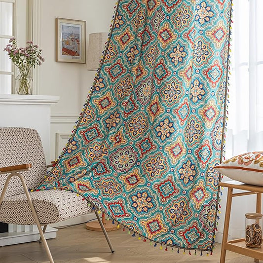 Boho Curtains Geometric Light Filtering Semi-Blackout Window Curtains 96 Inches Long Rod Pocket Drapes for Living Room 2 Panels-Geometric Blue
