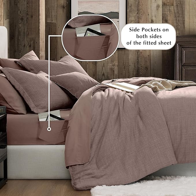 Geniospin King Size Comforter Set- 7 Piece Misty Rose Textured King Bedding Set, Soft Solid Bed in a Bag for All Season, King Comforter Set with Sheets(Misty Rose,102''x90'')