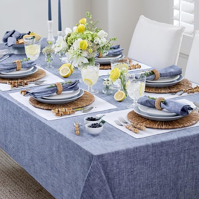 Solino Home Linen Tablecloth 60 x 108 Inch - 100% Pure Linen Chambray Indigo Table Cloth for Rectangle Tables - Athena, Machine Washable Tablecloth for Christmas