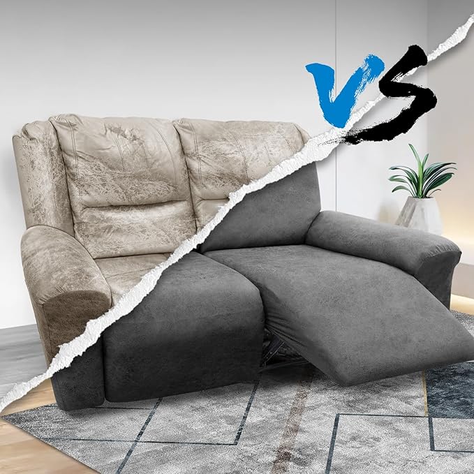 Loveseat Cover 6-Piece Recliner Slipcovers with Pockets - Spandex Furniture Covers for Reclining Loveseat (Grey)