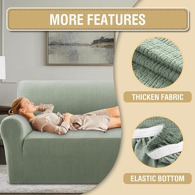 H.VERSAILTEX Jacquard Sofa Slipcover with Waterproof Seat Furniture Protector 1 Piece Stretch Sofa Covers with Elastic Bottom for Kids, Pets, Dog(Sofa, Sea Grass)