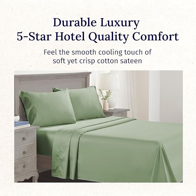 California Design Den Natural 100% Cotton Bed Sheets King Size Set - Luxury 600 Thread Count Sateen, Hotel Quality King Size Sheet Set, Fully Elasticized Deep Pockets, Cool and Durable - Laurel Green
