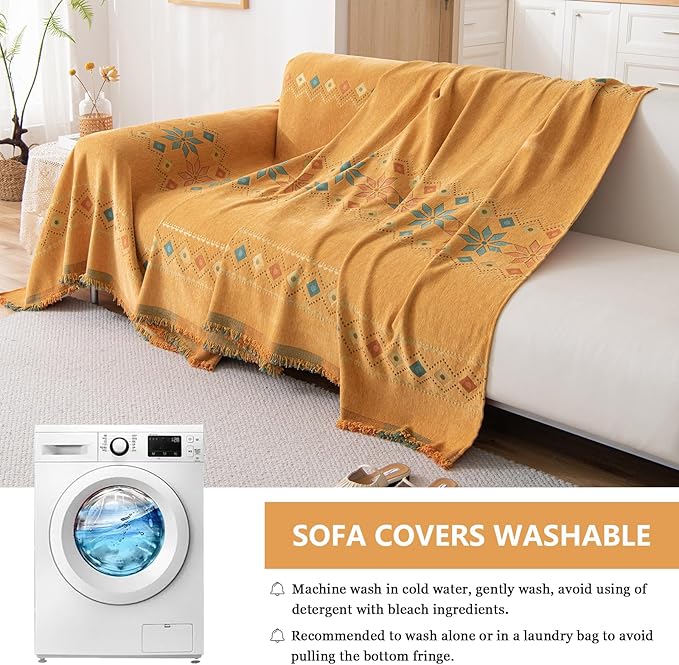 DREAMINGO Orange Boho Sofa Cover Chenille Couch Cover Blanket Vintage Bohemian Sofa Covers for 3 Cushion Couch Geometric Jacquard Sectional Couch Covers for Dogs Washable Futon Slipcover, 71"x150"