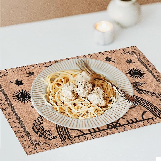 Viking Placemat Set of 4, 12x18 Inch Rustic Wooden Tree of Life Nordic Mythology Raven Helmet of Awe Dragon Black Rustic Coffee Table Mats for Outdoor Farmhouse Kitchen Dining Table Decoration