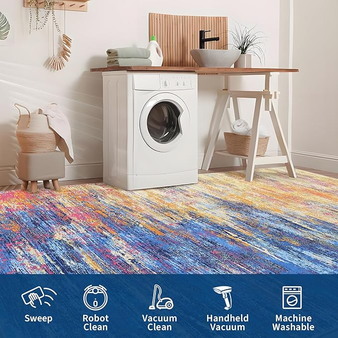 Washable Rug 9x12 Area Rug for Living Room, Non Slip Abstract Rug for Bedroom, Ultra Soft Area Rug, Low Pile Soft Contemporary Indoor Floor Carpet Cover, Blue/Orange