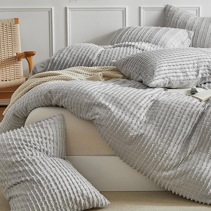 WARMDERN Boho Duvet Cover Set Queen Size,Grey Striped Duvet Cover Microfiber Bedding Set,3PCS Ultra Soft Breathable Lightweight Tuft Texture Pattern Duvet Covers with Zipper Closure(Grey,Queen)
