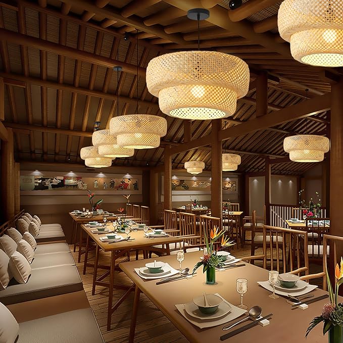 Bamboo Pendant Light,Boho Rattan Hanging Light,13.8" Hand Woven Wicker Chandelier for Kitchen Island for Kitchen Island Dining Bedroom Living Room Restaurants