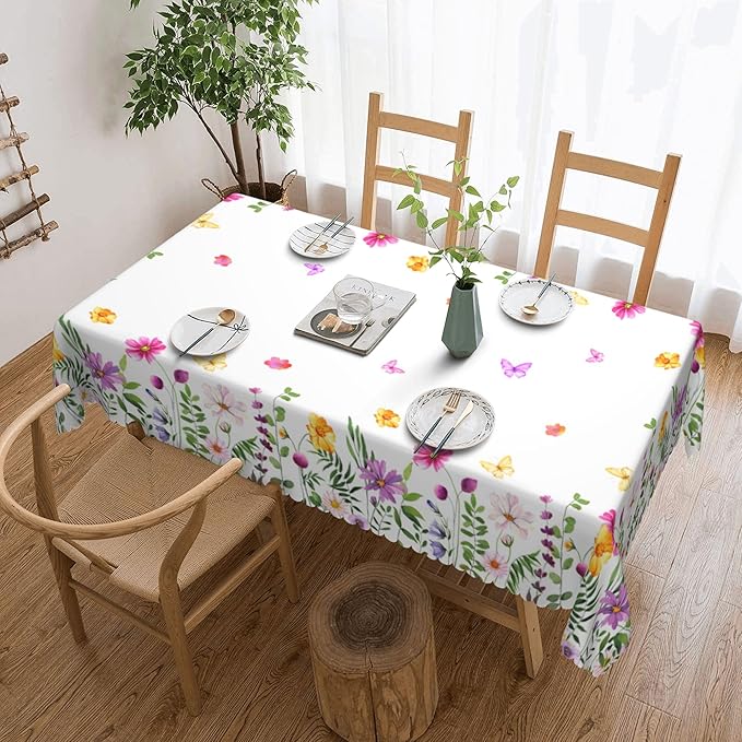 Flower Tablecloth Aesthetic Floral Wildflowers Butterfly Rectangle Tablecloth Floral Botanical Style Table Cover 54×72 Inch Washable Table Cloth for Kitchen Dining Room Party Decoration