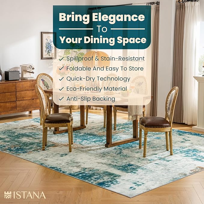 Istana Living Room Rug 10x14 - Green 10 x 14 Area Rug - Foldable Machine Washable Area Rugs 10x14 - Stylish 10x14 Area Rugs Boho - Stain Resistant Washable Rug 10x14