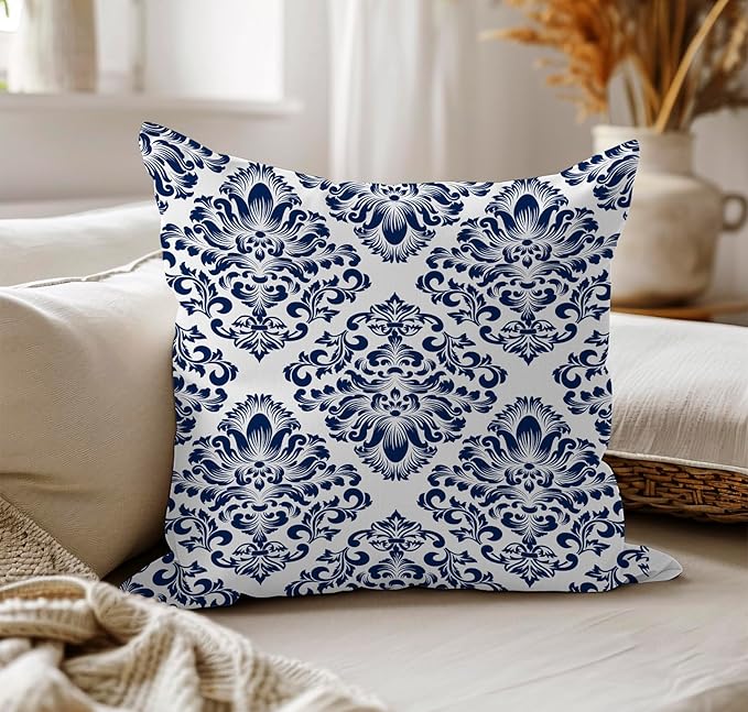 LOVOUS Navy Blue and White Damask Throw Pillow Covers 18x18 Inch Set of 2, Vintage Linen Decorative Pillow Covers for Bed Couch Sofa Bedroom Living Room Home Decor, B15