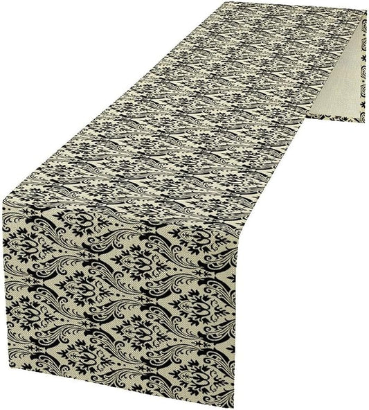 Vintage Damask Pattern Table Runner,Black Beige Textured Table Runner for Kitchen Dining Party Decor 13x90in