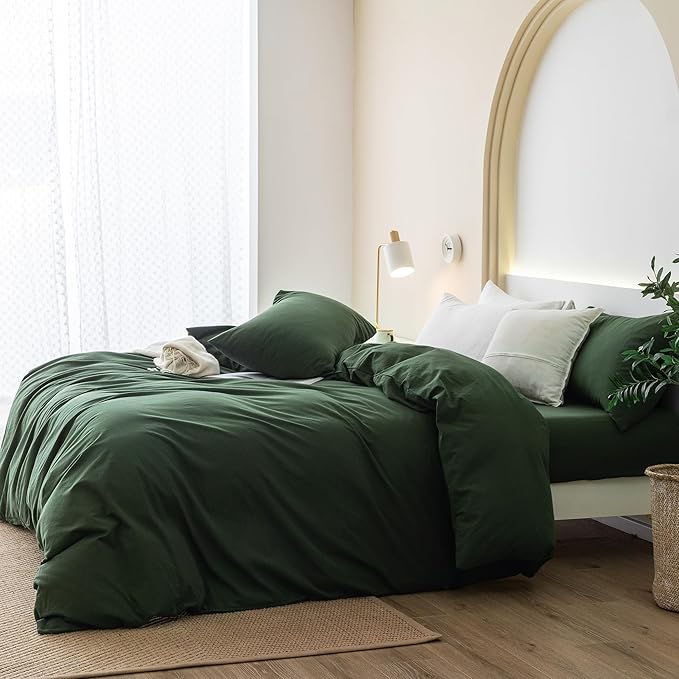JIYUAN 100% Washed Cotton Duvet Cover Set 3 Pieces Oversized King, 1 Duvet Cover 120x98 Inches(Comforter Not Included) and 2 Pillowcases,Linen Feel Bedding Set Comfy and Breathable,Forest Green
