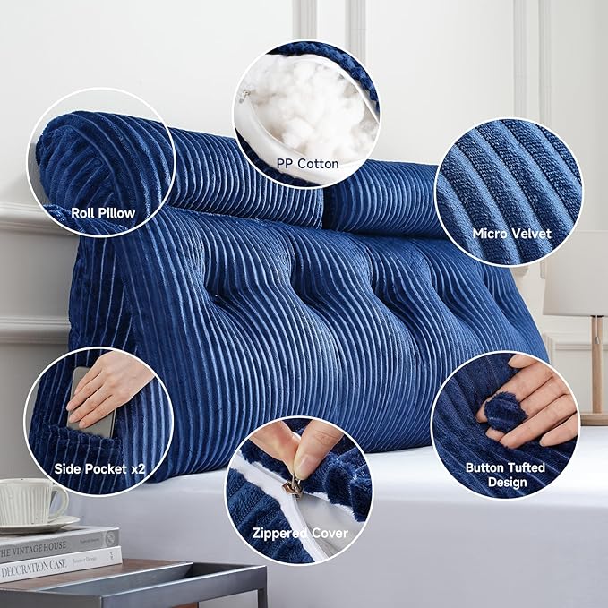 Z-hom Large Wedge Pillow Headboard, Twin Triangular Headboard Pillow, Reading Pillow Standard Bed with a Roll Pillow for Bed Sitting Up Sleeping, Backrest Cushion Headboard Gap Pillow for Back, Blue