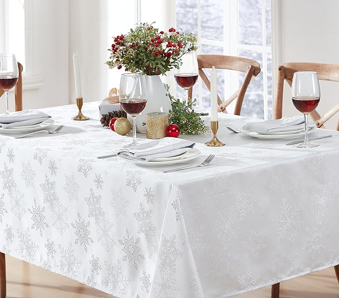 Newbridge Fancy Metallic Snowflake Christmas Fabric Tablecloth, 52 x 52 Inch Square, White Silver, No-Iron Soil Resistant Sparkling Snowflakes Woven Holiday Table Cover