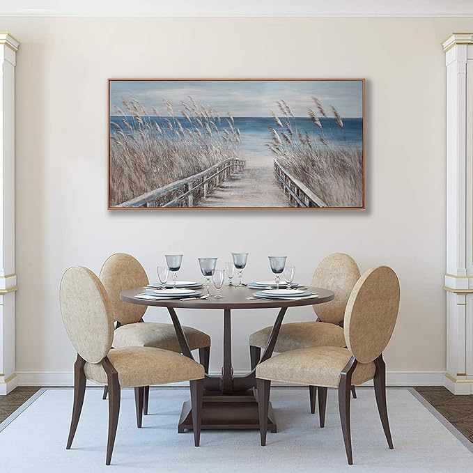 Framed Wall Art Scene Decor Canvas Print Painting Picture Artwork Framed Reed And Blue Coast Landscape Large Size For Living Room Bedroom Living Room And Office Wall Decor 29"X58"