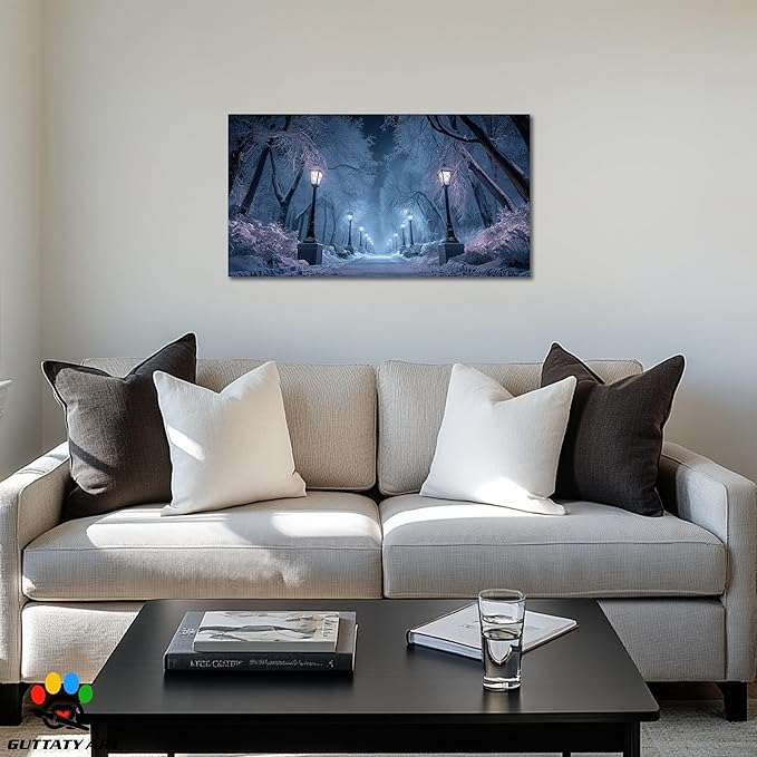 GUTTATY Winter Scene Christmas Canvas Wall Art, Blue Frosty Landscape Canvas Prints, Snowy Pathway Illuminated by Street Lamps, Park Winter Pictures Wall Decor for Living Room, Bedroom, 40x20 Inch