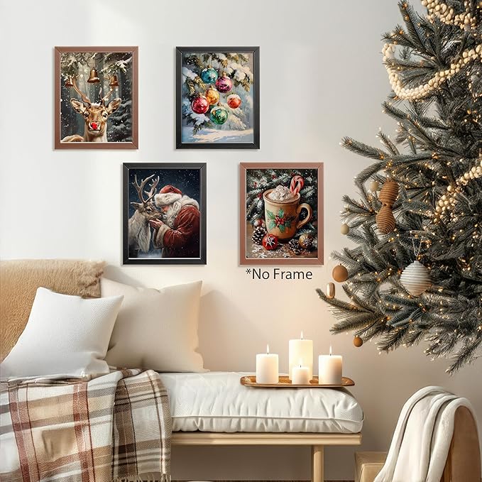 AEHIE Vintage Winter Christmas Red Nose Reindeer Santa Wall Art Poster Prints for Home, Rustic Farmhouse Xmas Santa Tree Decor, Reindeer Pine Tree Photo Santa Wall Art Unframed 4pcs 8x10inch