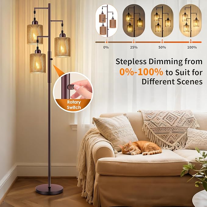 Hotsonic 72" Tall Boho Floor Lamp, Dimmable Standing Lamp with Handcrafted Rattan Shade, Industrial Tree Floor Lamps for Living Room, Bedroom, Study Room, Office (3 x 800LM LED Bulbs Included) - Brown