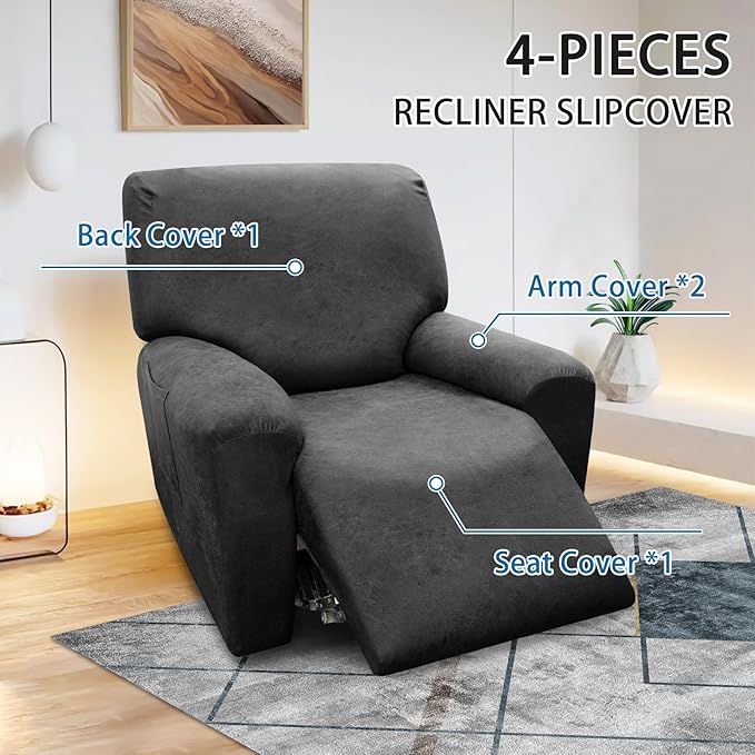 Chair Covers 4-Pieces Recliner Chair Covers 1 Seater Cover for Recliner Chair Leather Look Recliner Slipcovers with Pockets Spandex Fabric Furniture Covers(XL Recliner, Dark Grey)
