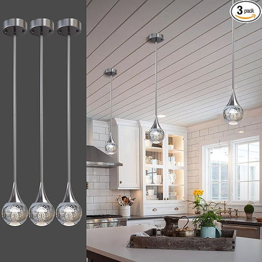 3-Pendant Lights Kitchen Island, Chrome Silver Crystal Globe Ceiling Hanging Light Fxitures, LED Lamp Metal Rod Ceiling Jellyfish Pendant Lighting for Kitchen Dining Room Bar